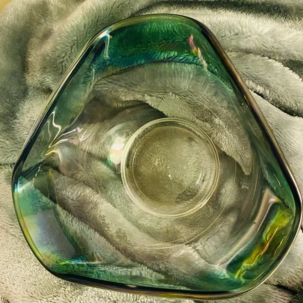 Glass serving dish ombré green blue to clear iridescent wavy top rim
